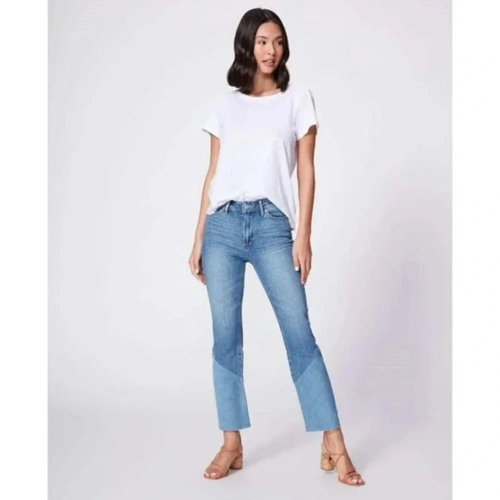 PAIGE Denim Colette Crop Flare Twisted Panel Raw Hem Jeans Size 24 - Picture 1 of 13